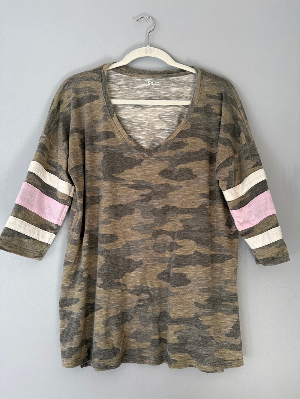 SO Women’s Olive Camo V-Neck Tunic with Pink and Cream Sleeve Stripes